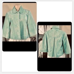 Saguaro Sea Green Waist Leather Jacket with gold shimmer flecks pleated back